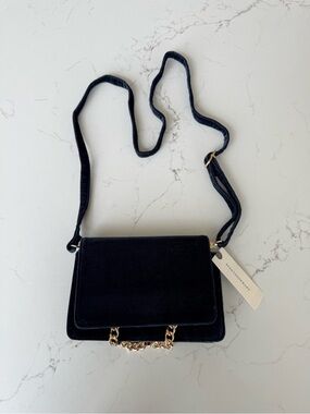Anthropologie Navy Blue Velvet Crossbody Bag with Gold Chain NWT